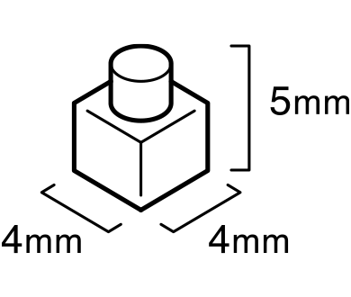 Diagram showing the smallest nanoblock brick measuring 4 by 4 by 5 millimeters