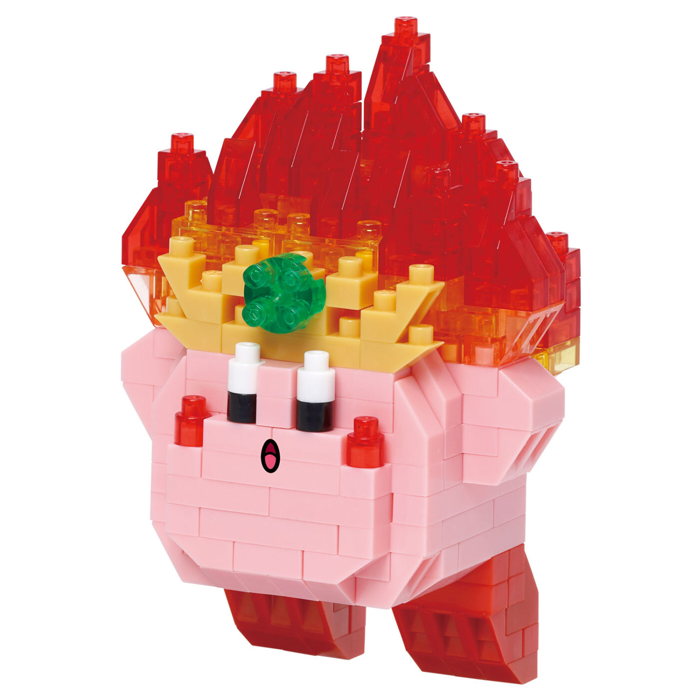 Assembled Kirby Fire nanoblock model with a tall crown of clear red and orange flame bricks