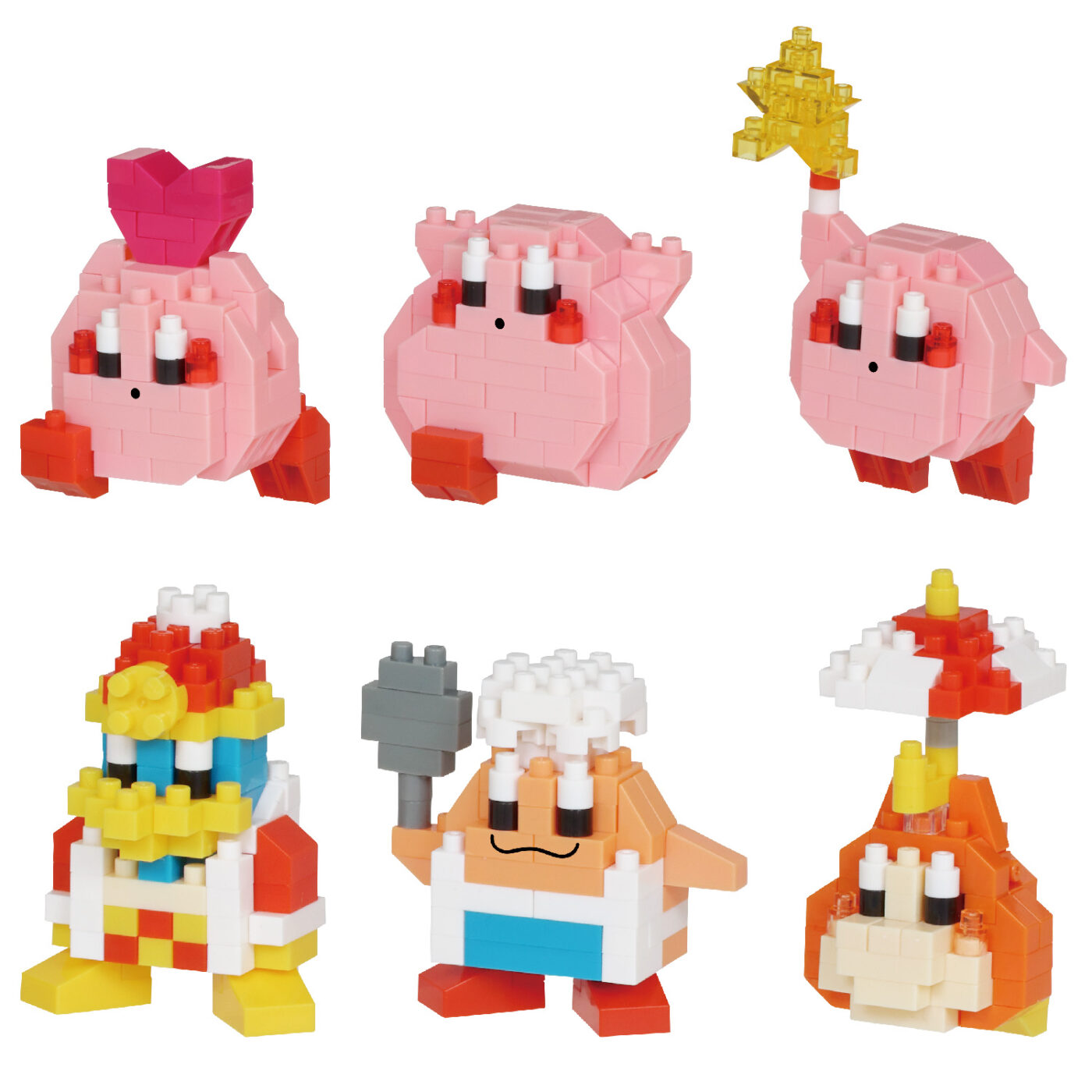 Six assembled mininano Kirby vol. 2 figures including King Dedede, Chef Kawasaki and Parasol Waddle Dee