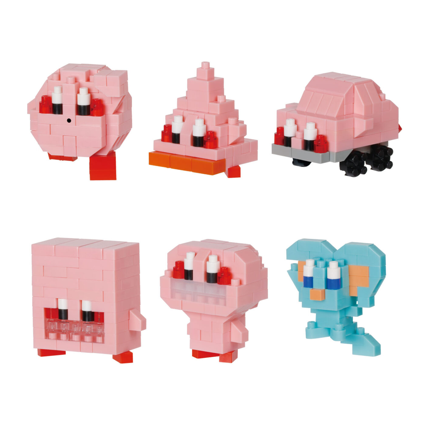Six assembled mininano Kirby and the Forgotten Land figures including Elfilin and four Mouthful Mode forms