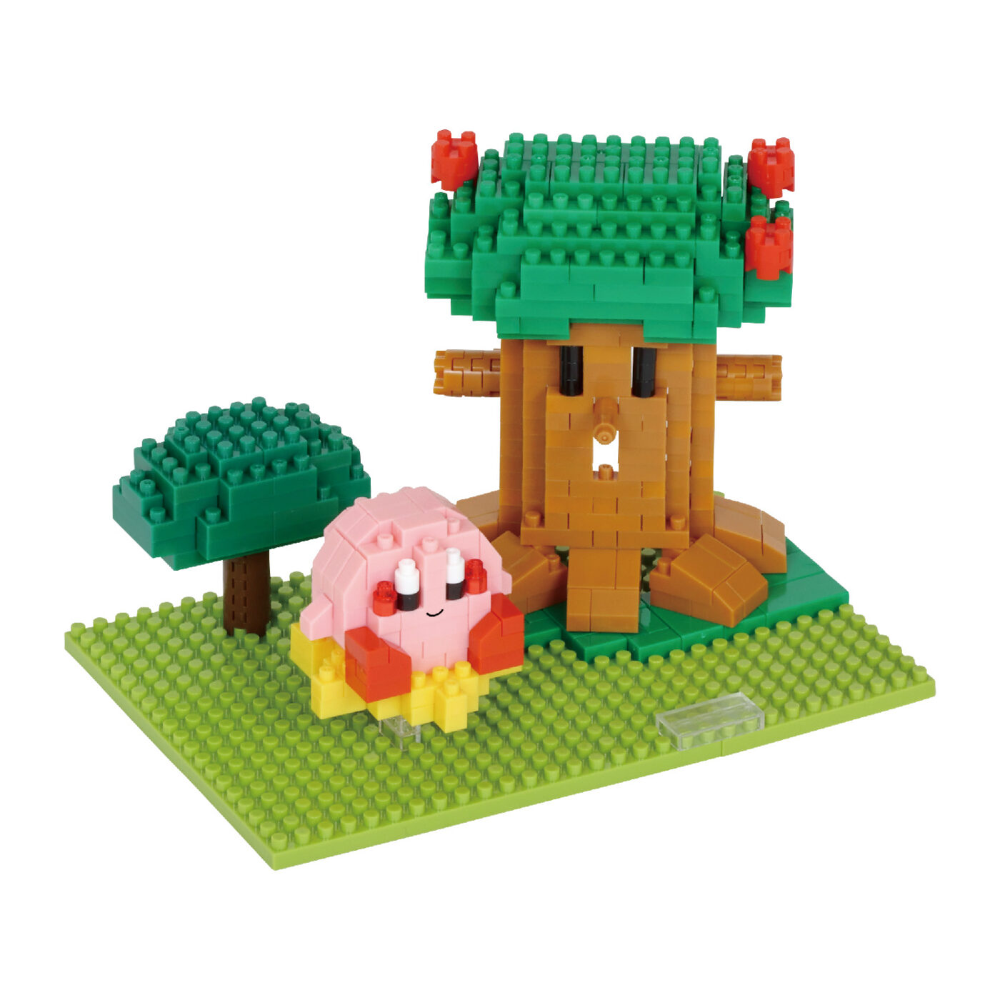 Assembled Kirby Dream Land nanoblock diorama with Whispy Woods, a smaller tree and Kirby on a Warp Star