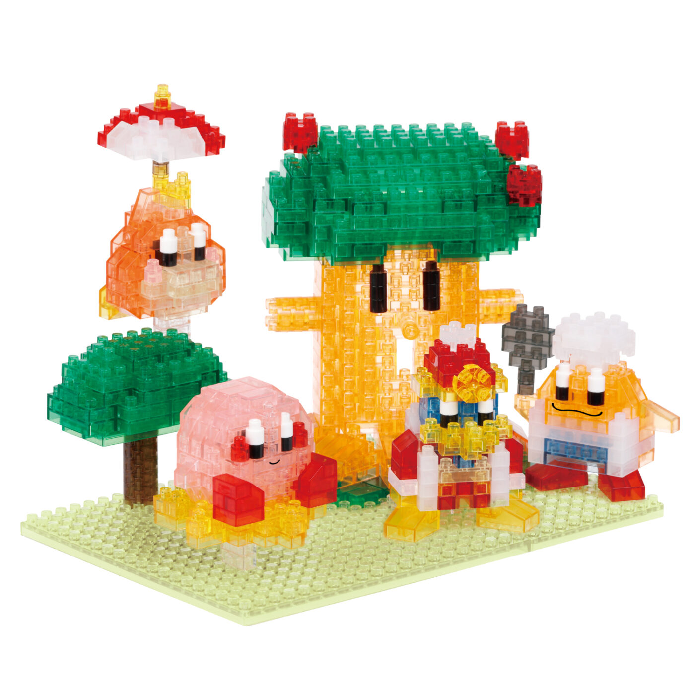 Kirby Dream Land character set built entirely from clear nanoblock bricks with five characters on a green base