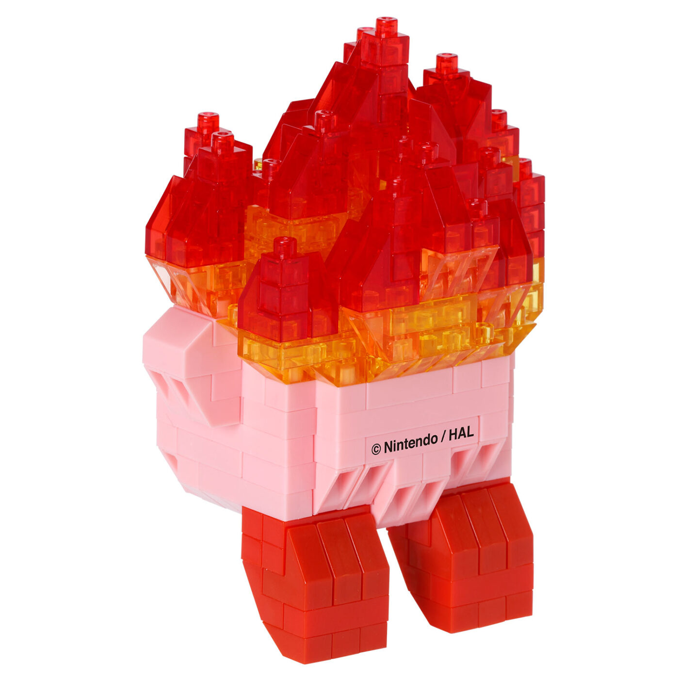 Overhead view of the Kirby Fire nanoblock crown built from layered clear red and orange bricks