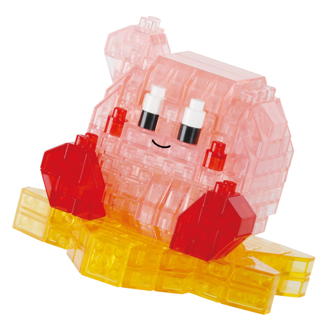 Kirby nanoblock model built from transparent bricks seated on a clear Warp Star