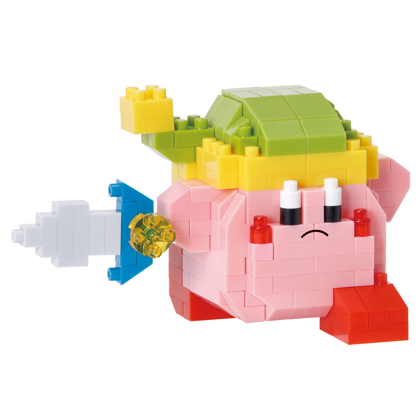 Assembled Kirby Sword nanoblock model with a green hat and a raised blue sword