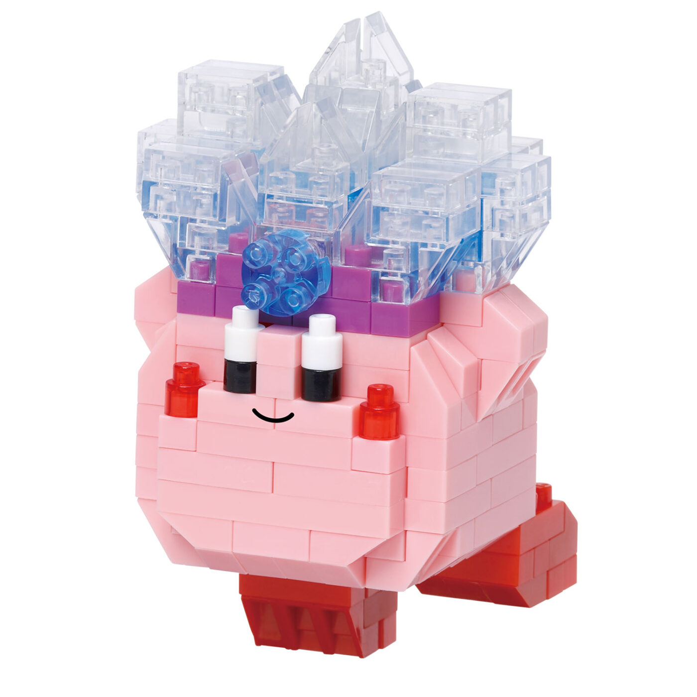 Assembled Kirby Ice nanoblock model with a crown of clear blue ice bricks