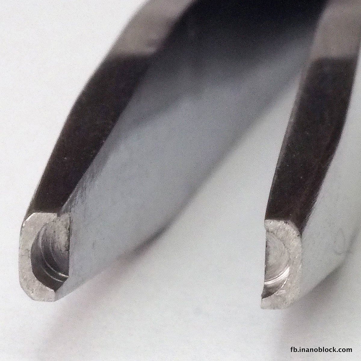 Macro view of the NB-019 tweezer jaws showing the notch cut into each tip