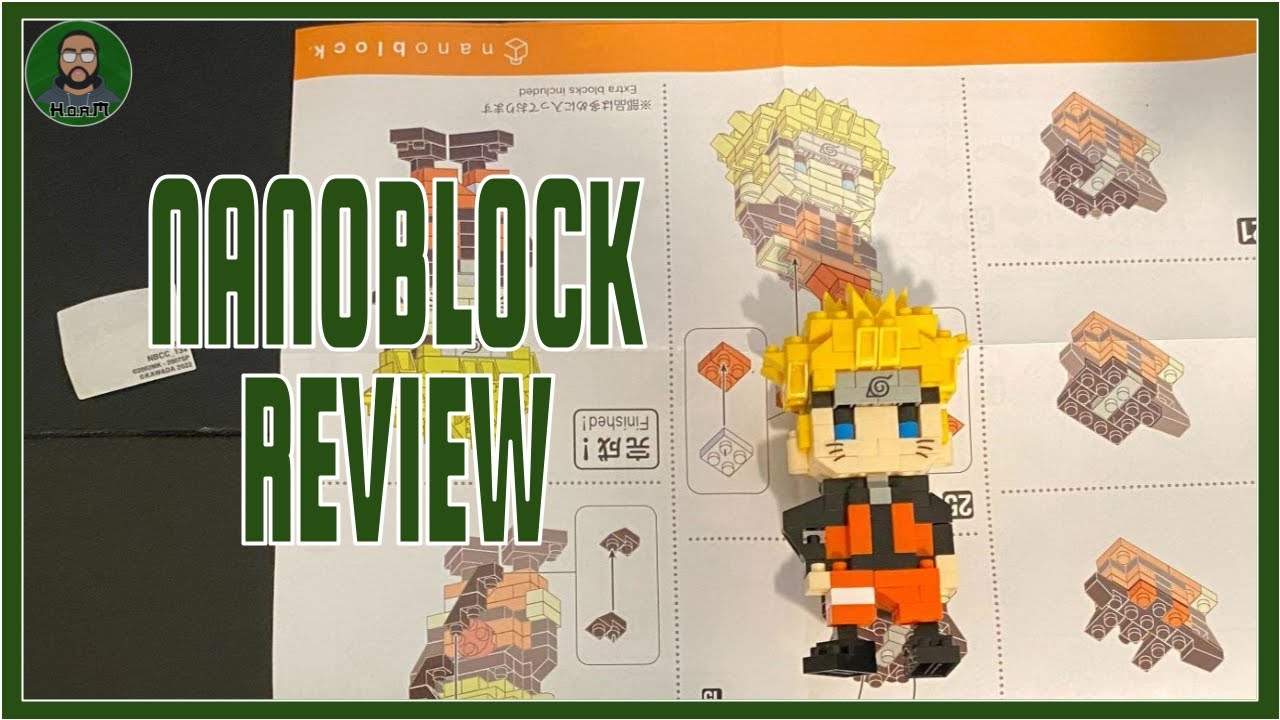 Completed Naruto Nanoblock figure displayed in front of the assembly instructions